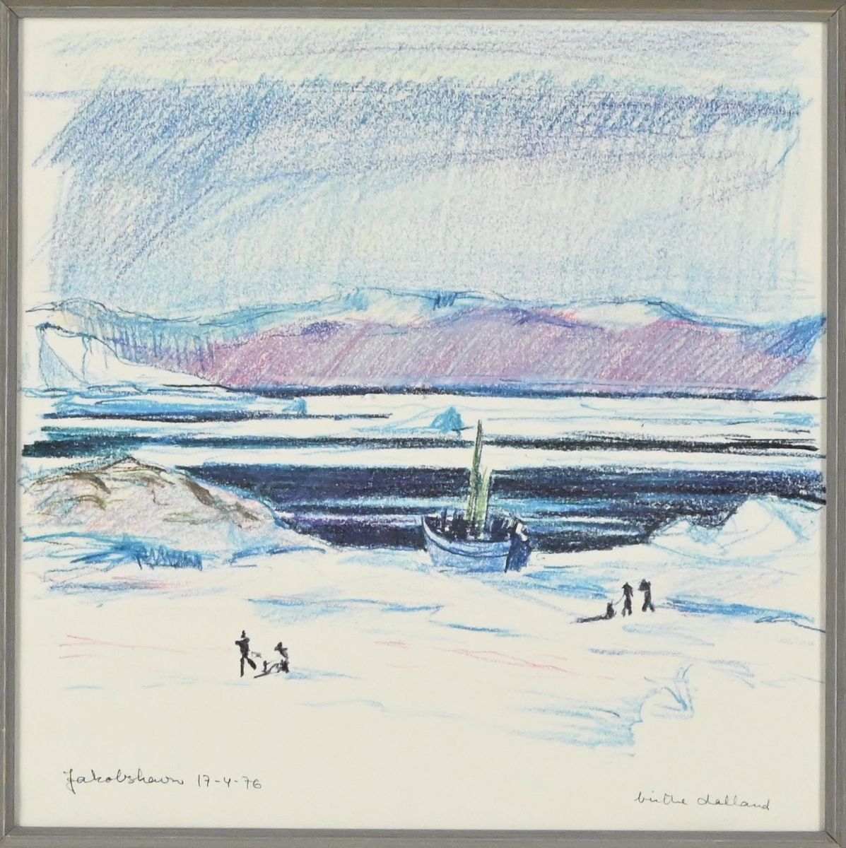 Oljepastell, otydlig signatur, Jakobshavn Grönland 1976 på auktion i Luleå, Norrbottens län hos Luleå Auktionsverk